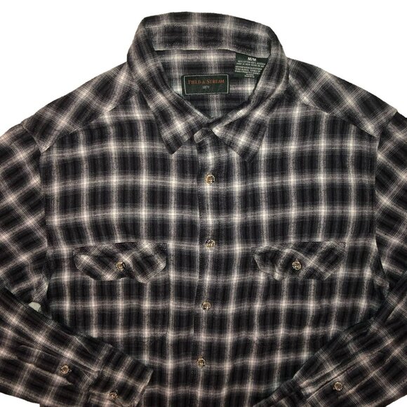 BLACK GRAY PLAID FLANNEL SHIRT SZ M FIELD & STREAM GRUNGE HUNTING FISHING MENS - Picture 3 of 4